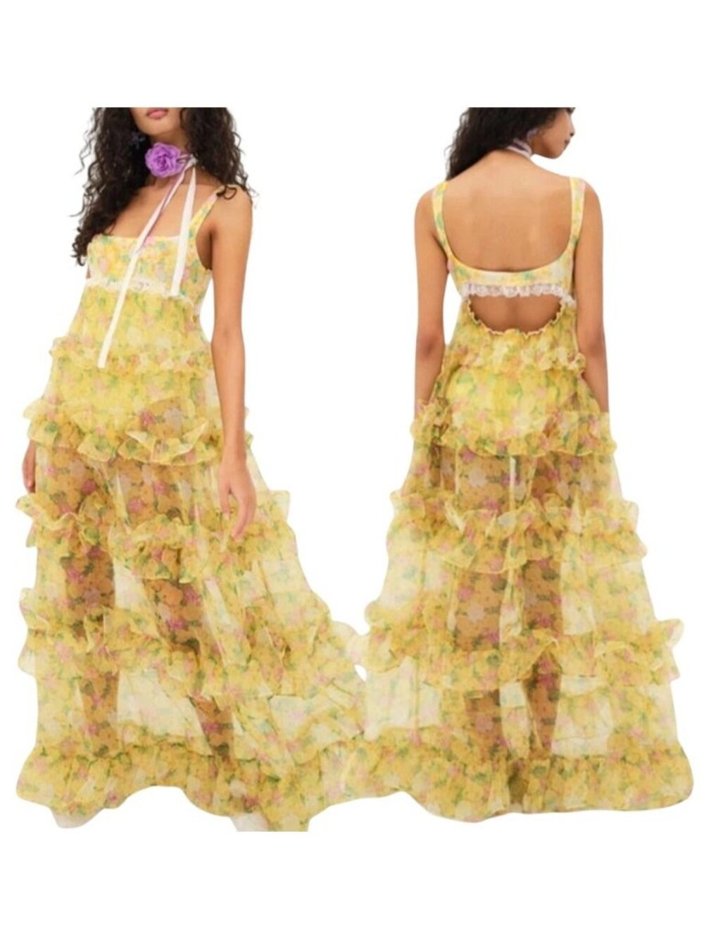 For Love & Lemons Vikki Sheer Tiered Maxi Dress Prairie Festival Fairy Womens S